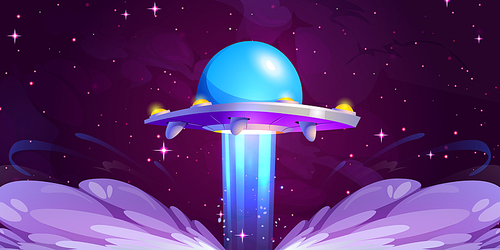 Alien spaceship in outer space. Cartoon vector illustration of flying saucer or UFO spacecraft taking off from planet surface with white smoke trail. Cosmic vehicle in dark sky with sparkling stars