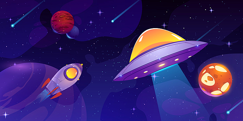 Cartoon rocket and alien UFO flying in outer space. Vector illustration of spacecraft, stars, meteors, planets, falling comets with trails in dark night sky. Cosmic galaxy exploration game background
