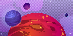 Fantasy planets for space game. Alien world, galaxy with red planet ground surface, moons and stars isolated on transparent background, vector cartoon illustration