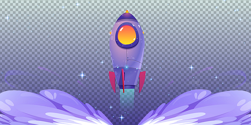 Space rocket launch, start of shuttle. Concept of project startup, business idea, boost development with spaceship flying up and smoke clouds on transparent background, vector cartoon illustration