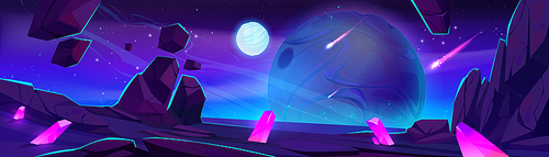Fantasy landscape of alien planet surface and outer space with meteors. Rock ground with crystals and dark sky with moon, stars and asteroids at night, vector cartoon illustration
