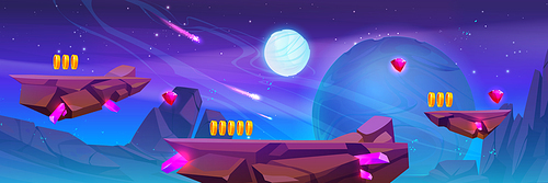 Space adventure game platforms with coins. Vector cartoon illustration of rocks with crystals and golden bonus items floating in air against night sky with stars, flying meteorites and alien planets