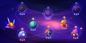 Space game level map with alien planets. Vector cartoon illustration of gaming route with enumerated cosmic objects, way market with dotted line, progress stars, UFO against dark night sky background