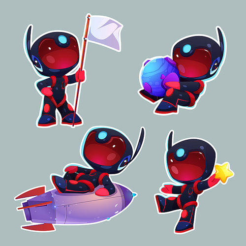 Sticker pack, set of kid astronaut in space cartoon vector illustration. Isolated spaceman on rocket, hold planet isolated. Cute black robot with white flag and star. Funny rpg galaxy asset design.