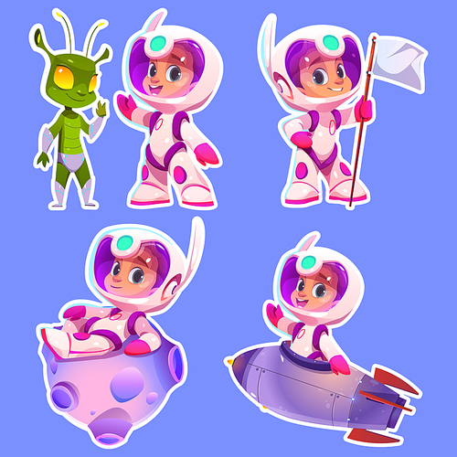Sticker pack, set of kid astronaut in space cartoon vector illustration. Isolated spaceman on planet with rocket isolated. Cute boy near alien, holding white flag. Funny rpg galaxy asset design.