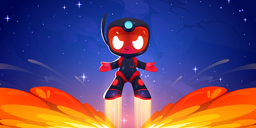 Vector cartoon game background with cosmonaut angry character fly up in flame. Spaceman boss takeoff from fire in videogame. Galaxy mission with interstellar demon in red helmet and armor.