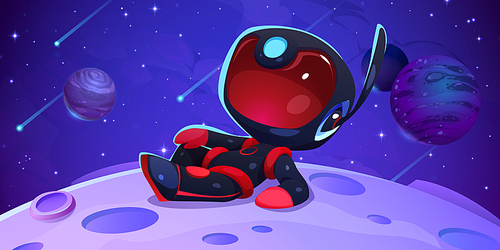 Cartoon astronaut character lying on moon surface. Vector illustration of spaceman or robot character on alien planet with craters in outer space with satellites, asteroids and meteorites falling
