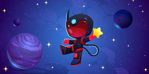 Astronaut in outer space with planets and stars. Cosmos background with cute cosmonaut in black spacesuit and red helmet holding star, vector cartoon illustration