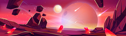 Meteor shower scene on alien planet. Cartoon space game level background illustration. Fantasy world with red sky and extraterrestrial ground surface. Crystal and falling rock in futuristic universe