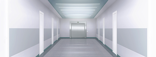Metal elevator doors in office, hospital, hotel or house hallway. Empty modern building corridor with closed doors and steel lift gates, vector realistic illustration