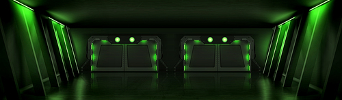 Spaceship, ship or laboratory metal gates. Futuristic interior with closed sliding doors. Empty bunker or shuttle tunnel with gateway and green light, vector realistic illustration