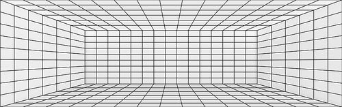 3D perspective of wireframe room background. Realistic vector illustration of rectangle line grid box interior with white walls, ceiling, floor, corners. Abstract virtual space. Cyber dimension