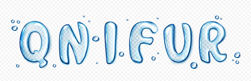 Water font letters png isolated on transparent background. Vector illustration of english abs with light blue liquid, gel, ice, glass texture. Creative set of crystal clear text symbols and rain drops
