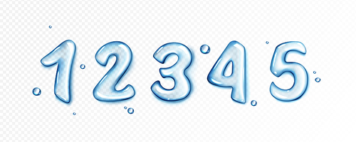 Water font, blue bubbles in numbers shape. Aqua or liquid gel numeral icons. Clear blue water drops in shape of figures from one to five isolated on transparent background, vector realistic set
