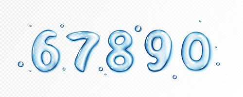 Realistic water number type in vector on transparent background. Isolated drop font with oil texture, splash and fluid effect. Jelly wet typography set. Glossy collection with aqua text.