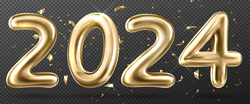 Year 2024 golden numbers isolated on transparent background. Vector realistic illustration of yellow chrome 3D figures in form of air balloon or glossy metal decoration with sparkling confetti flying