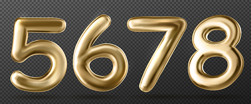 Set of realistic golden chrome numbers isolated on transparent background. Vector illustration of glossy yellow 5, 6, 7, 8 balloon figures png. Decoration for anniversary, birthday, holiday card