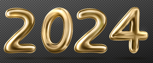 3d gold chrome font. Isolated 2024 new year number vector. Luxury glossy golden text on transparent background. Reflective typography for vip award. Premium metalic typeface icon for headline.