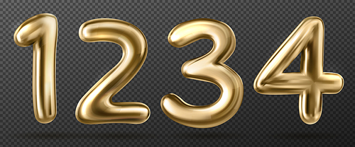 3d chrome effect number font set in realism. Vector golden alphabet on transparent background for premium design. Exclusive glossy typeface with isolated icon. Showtime ballon shape symbol