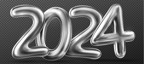 3d balloons in shape of 2024 numbers. Font of 2, 4 and zero signs for party decoration, new year celebration, greeting card. Glossy metal digits balloons, vector realistic illustration