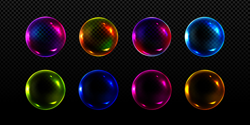 Neon soap bubbles, rainbow colorful iridescent glass balls or spheres isolated on transparent background. Water foam, shiny bright soapy circles, Realistic 3d vector illustration, set