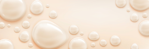 Liquid foundation drops. Makeup cosmetic, bb cream, skin tone concealer texture top view. Banner with beauty product splash with droplets and copy space, vector realistic background