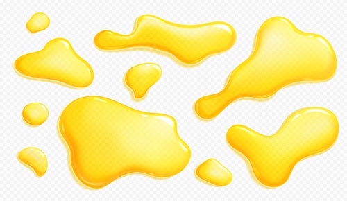 Orange juice, honey, yellow paint or oil spills and drops. Liquid puddles of clear fruit juice, sweet syrup, mango, lemon or pineapple drink, vector realistic illustration