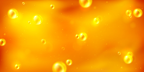 Liquid honey, oil or juice texture with bubbles. Abstract gold background with closeup splash of syrup, honey or beer with transparent air bubbles, vector realistic illustration