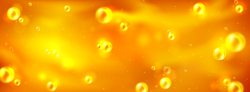 Liquid honey, oil or juice texture with bubbles. Abstract gold background with closeup splash of syrup, honey or beer with transparent air bubbles, vector realistic illustration