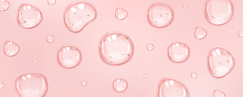 Realistic serum drops on pink surface background. Vector illustration of 3d liquid blobs with gel, oil, collagen, jelly, water texture and glossy surface. Cosmetic beauty care product with hyaluron