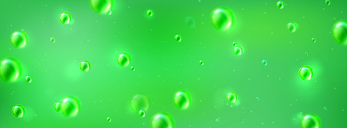 Green realistic skin collagen bubble texture background. Cosmetic and beauty illustration for serum or oil. 3d vector water or soda drop. Fresh shower gel carbonated droplet on clear color surface.