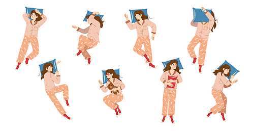 Woman sleep on pillow in different poses top view. Vector illustration of various positions for night relax with sleeper girl in pyjama and mask lying on side, back and stomach