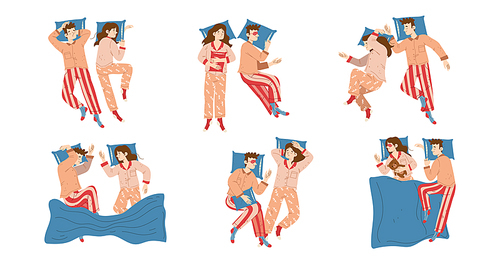 Woman and man sleep in different poses top view. Vector illustration of couple sleepers in pyjama and mask relax in various positions on bed with pillows and blanket