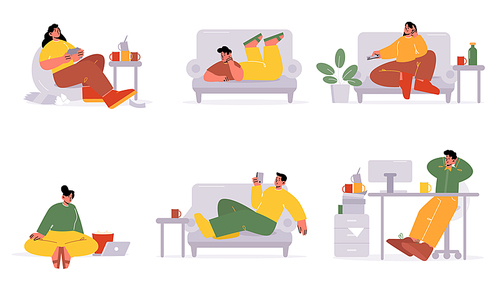 Lazy people relax and procrastination concept. Lazybones men and women lying or sitting on couch with gadgets, delay and postpone work, watching movie and tv set, Line art flat vector illustration