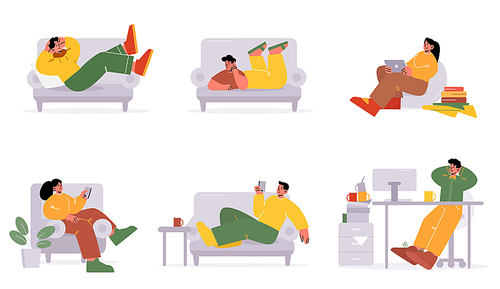 Lazy people relax on sofa at home. Man procrastinate and nap in office. Vector flat illustration of characters lying on couch with phone, rest, girl with laptop and books, person sleep at desk