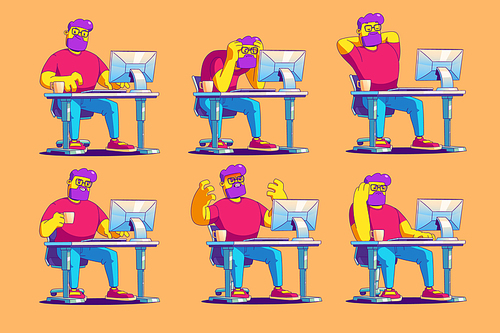 Office worker different emotions and activities. Young man sitting at desk work on pc. Contemporary manager or freelancer rejoice, angry expression, coffee break, deadline Line art cartoon vector set