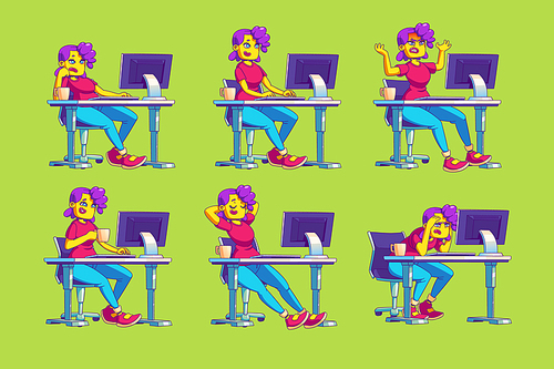 Girl freelancer work on computer with different emotions. Concept of freelance, remote job. Woman worker happy, angry, busy, burnout, relax and at coffee break, illustration in contemporary style