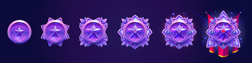 Rank badge, arcana, game award badge evolution, ui level icons. Amethyst banners from simple to luxury glowing one. Isolated bonus reward, trophy achievement and prize Cartoon vector illustration, set