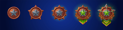 Cartoon set of game badges of different rank isolated on dark blue background. Vector illustration of green round medals with silver metal star, wooden textures. Collection of level awards