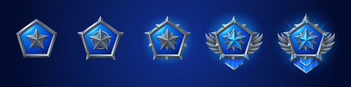 Cartoon set of game badges of different rank isolated on dark blue background. Vector illustration of blue pentagon medals with star, silver metal textures. Collection of level award