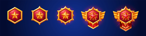 Cartoon set of gold game badges of different rank isolated on dark blue background. Vector illustration of red hexagon medals with star, golden metal textures. Collection of level awards