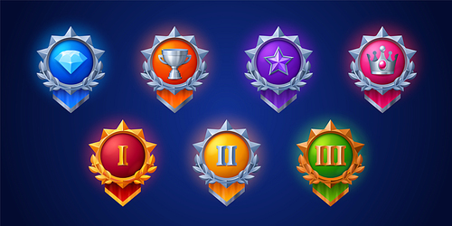 UI game icons of medals and award badges with symbols of star, crown, cup and diamond. Level achievement kit with gold, silver and bronze award emblems, vector cartoon set