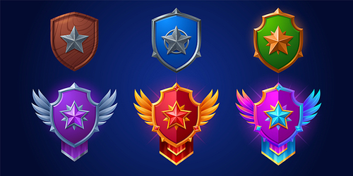 Game ranking badges with shields with star. Level achievement icons with wooden, metal, bronze, silver and gold award medals isolated on background, vector cartoon illustration