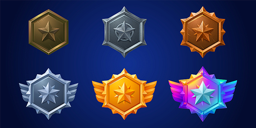 Military game ranking badge set with star insignia. Vector cartoon illustration of award medals with stone, iron, silver, gold texture and scretches. Level achievement icons decorated with wings