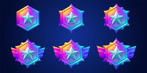 Game award badges, icons of ranking medals with star symbol. Winner achievement signs, gradient colored hexagon emblems with stars and wings, vector cartoon set