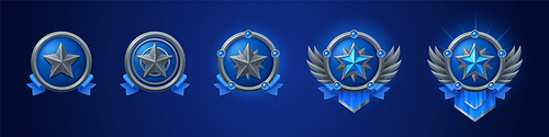 Cartoon set of silver game badges of different rank isolated on dark blue background. Vector illustration of round medals with star, blue ribbon and metal textures. Collection of level awards