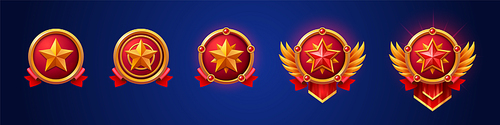 Cartoon set of gold game badges of different rank isolated on dark blue background. Vector illustration of round medals with star, red ribbon and golden metal textures. Collection of level awards