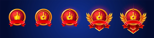 Cartoon set of gold game badges of different rank isolated on dark blue background. Vector illustration of round medals with crown, red ribbon and golden metal textures. Collection of level awards