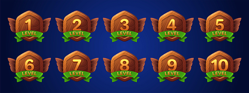 Game wooden badges with level number. Achievement rank emblems, wood hexagon label of game level with green ribbon and wings, vector cartoon set isolated on background