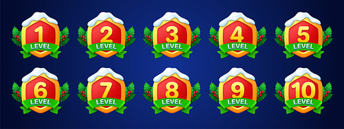 Game winter holiday badges with level number. Achievement rank emblems, golden red hexagon label, game level with green ribbon and holly berry, leaves, snow, vector cartoon set isolated on background